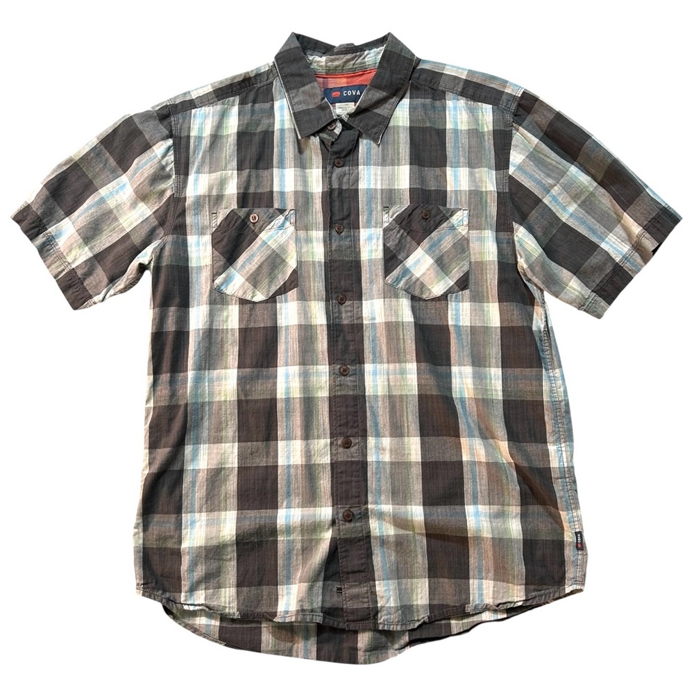 Cova Shirt Large Gray Checked Plaid Button Front Short Sleeve 100% Cotton